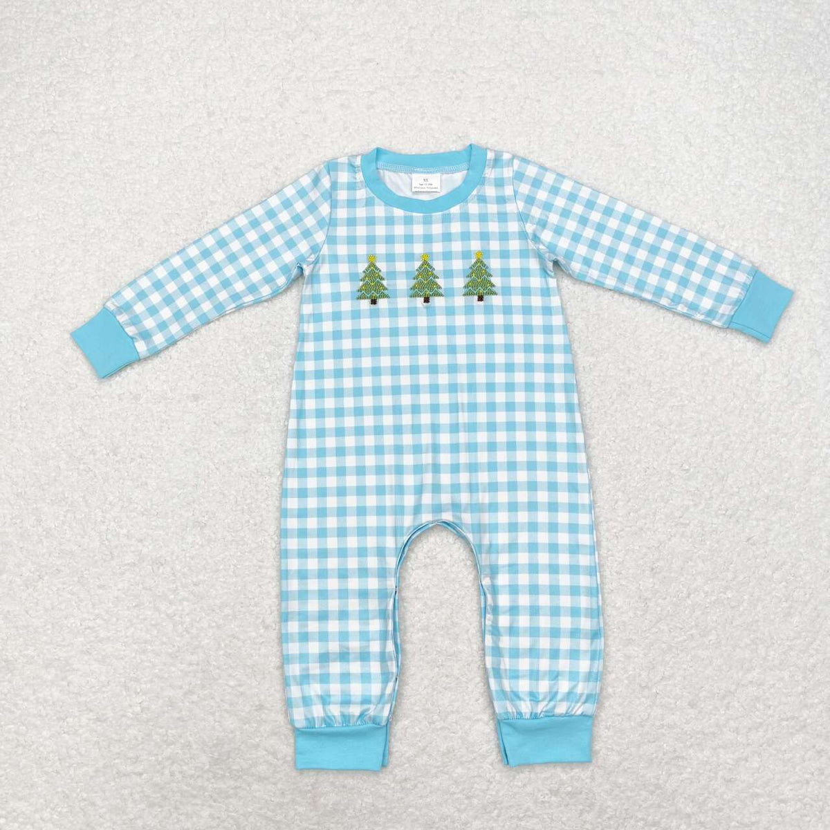 LR1366 Tree Embroidery Blue Checkered Print Baby Boys Christmas Romper