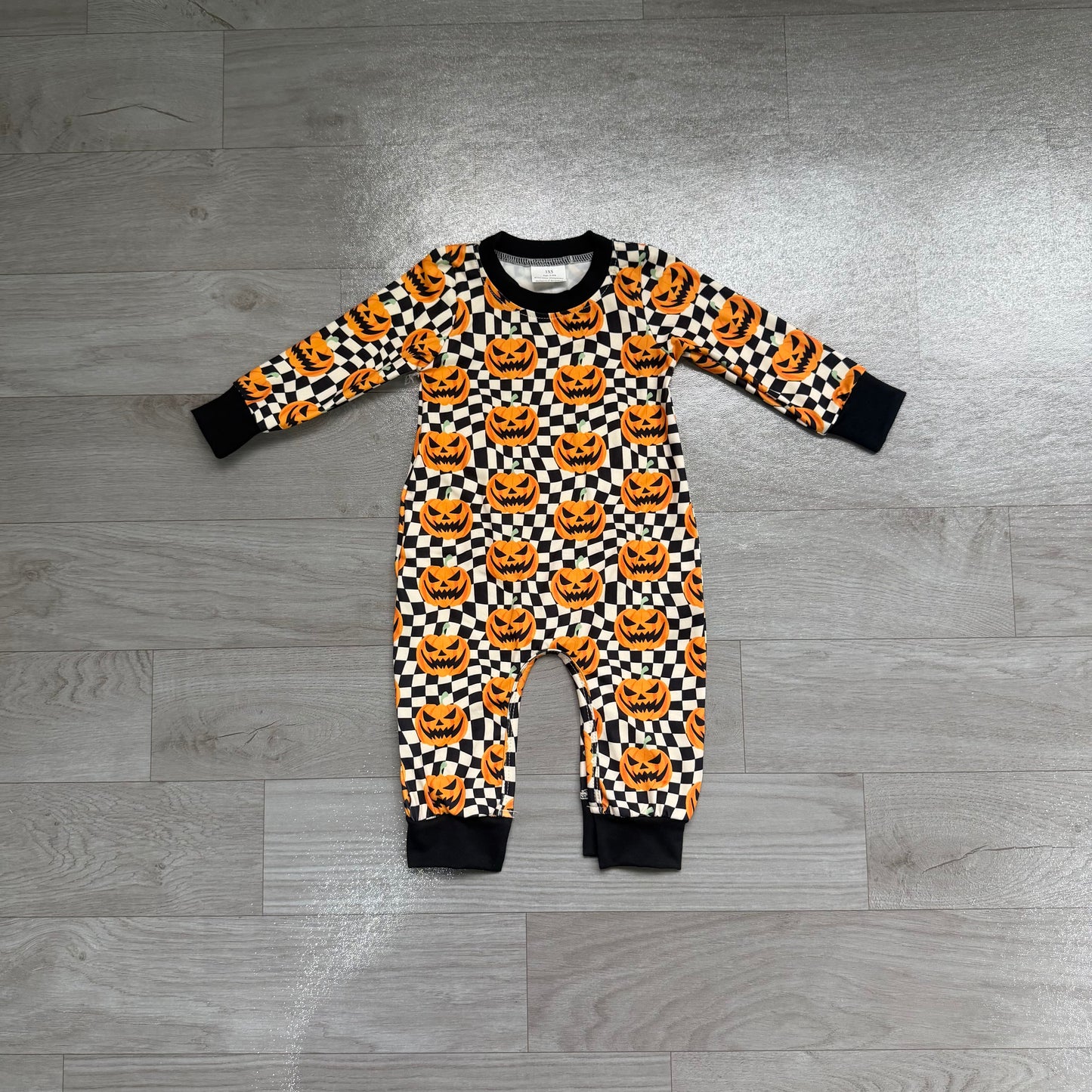 Preorder Baby Boys Halloween Pumpkin Checked Long Sleeve Romper
