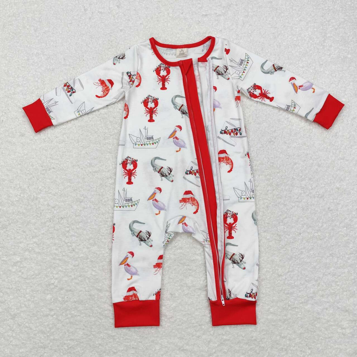 LR1399 Pelican Crayfish Crocodile Print Baby Christmas Bamboo Zipper Sleeper Romper