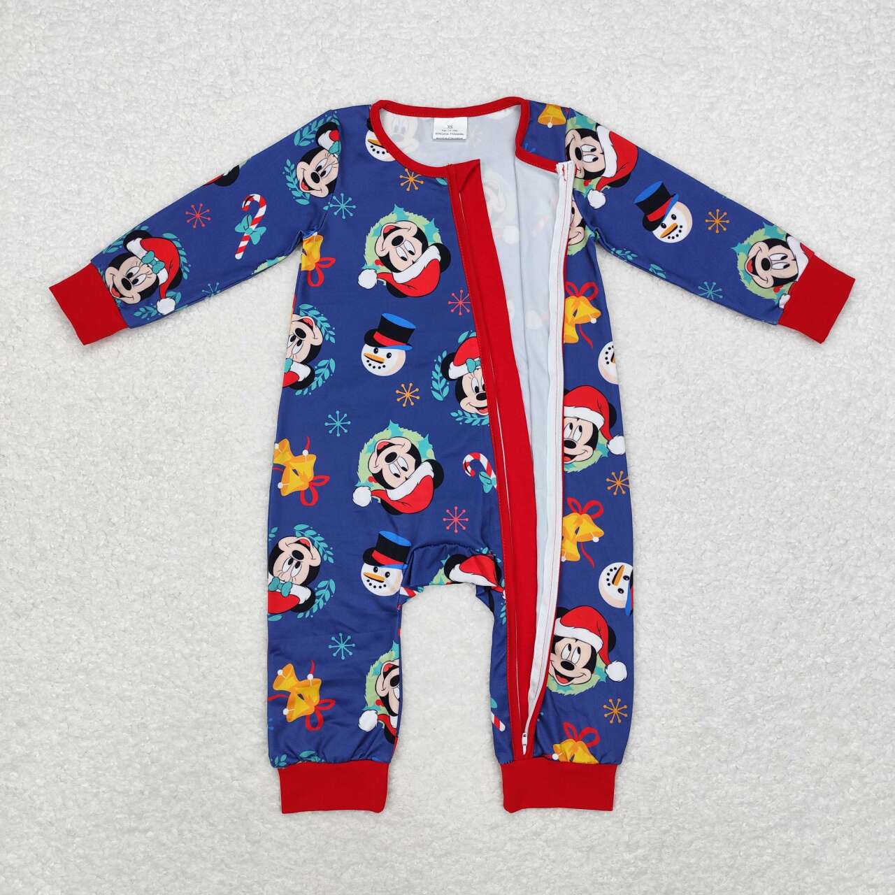 LR1417 Cartoon Mouse Candy Cane Print Baby Boys Christmas Zipper Sleeper Romper