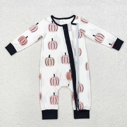 LR1437 Pumpkin Print Baby Boys Fall Zipper Sleeper Romper