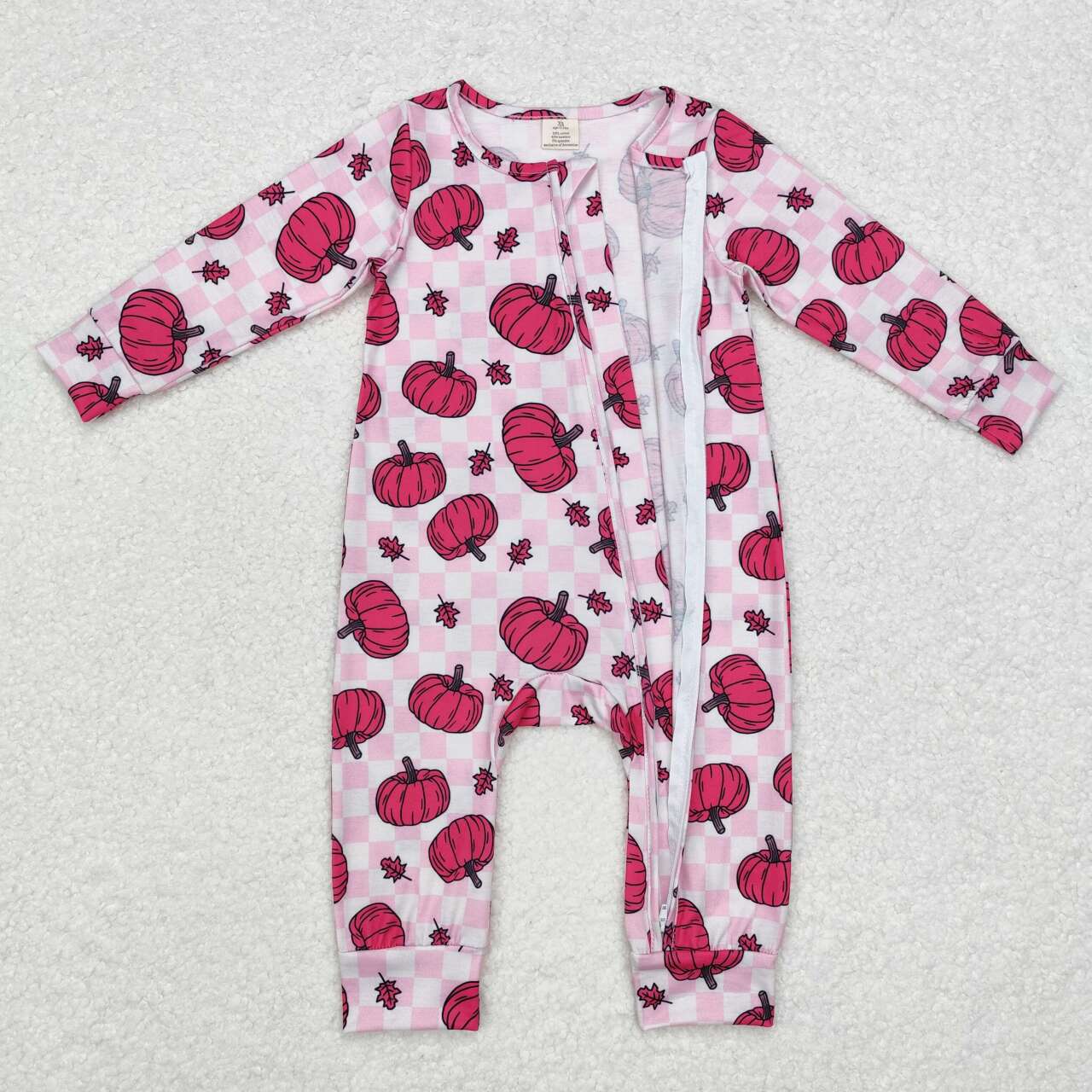 LR1456 Pink Pumpkin Checkered Print Baby Girls Fall Zipper Sleeper Romper