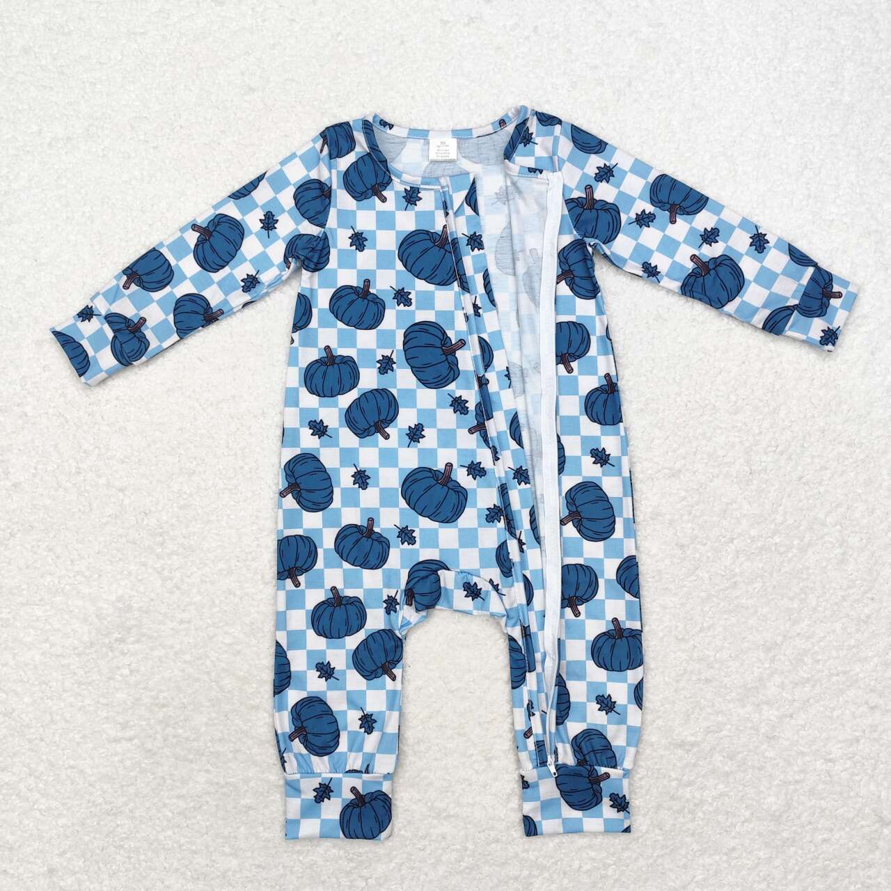 LR1457 Blue Pumpkin Checkered Print Baby Boys Fall Zipper Sleeper Romper