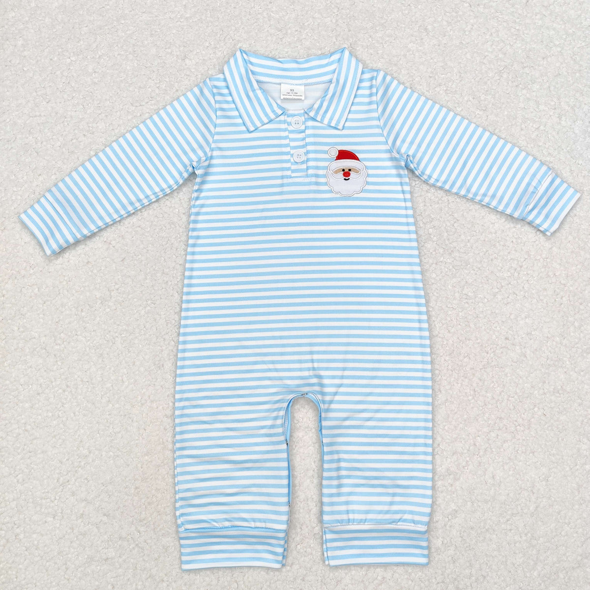 LR1475 Santa Embroidery Blue Stripes Print Baby Boys Christmas Romper