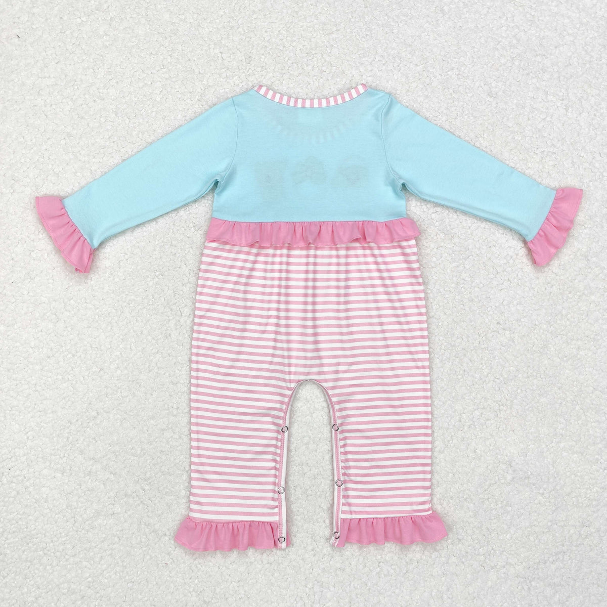 LR1476 Santa Deer Embroidery Pink Stripes Print Baby Girls Christmas Ruffle Romper