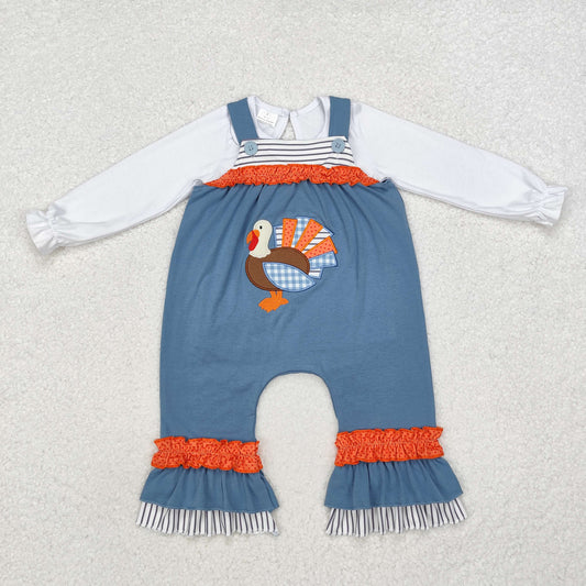 LR1504 White Top Turkey Embroidery Jumpsuits Baby Girls Thanksgiving Clothes Set