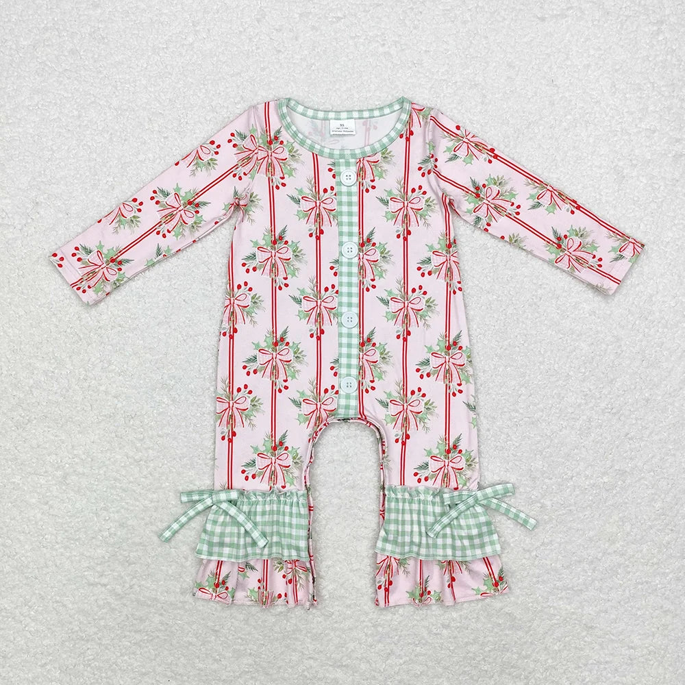 Sibling Baby Girls Christmas Holly Bow Outfit Romper