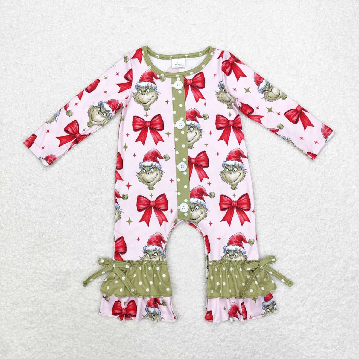 LR1557 Green Frog Bows Print Baby Girls Christmas Ruffle Romper