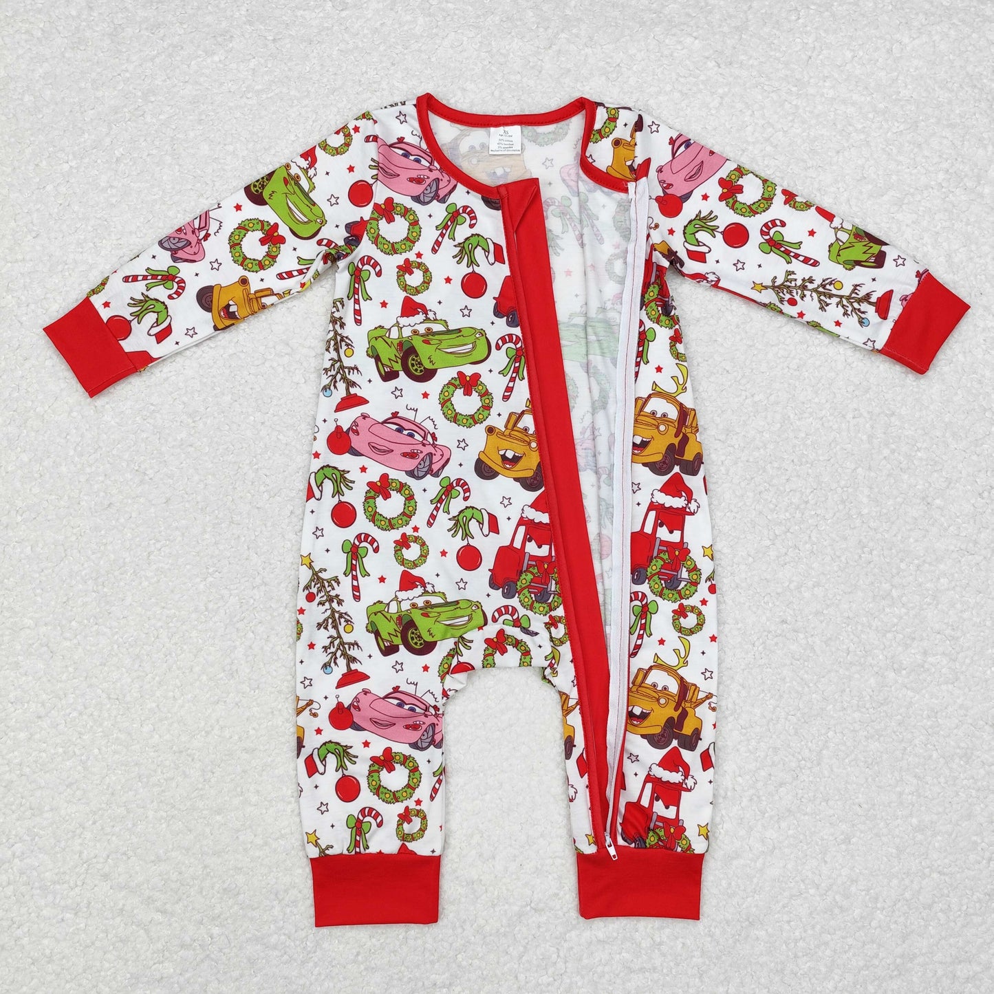 LR1559 Cartoon Cars Holly Candy Cane Print Baby Girls Christmas Bamboo Zipper Sleeper Romper