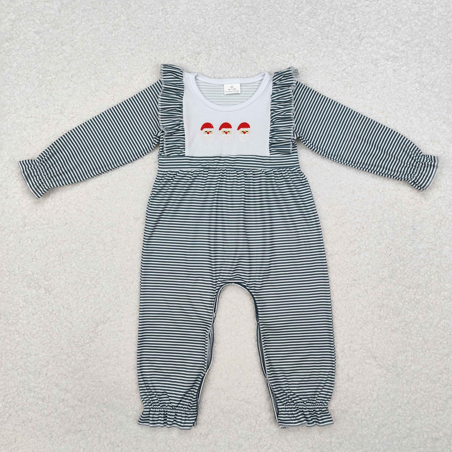 LR1586 Santa Embroidery Stripes Print Baby Girls Christmas Ruffle Romper