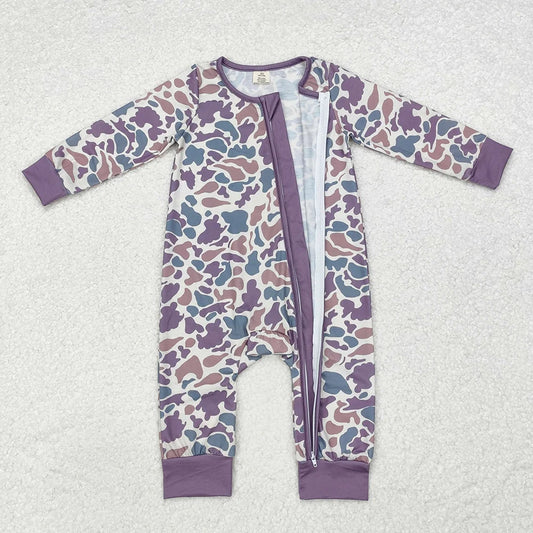 LR1604 Baby Boys Purple Green Camo Long Sleeve Zipper Romper