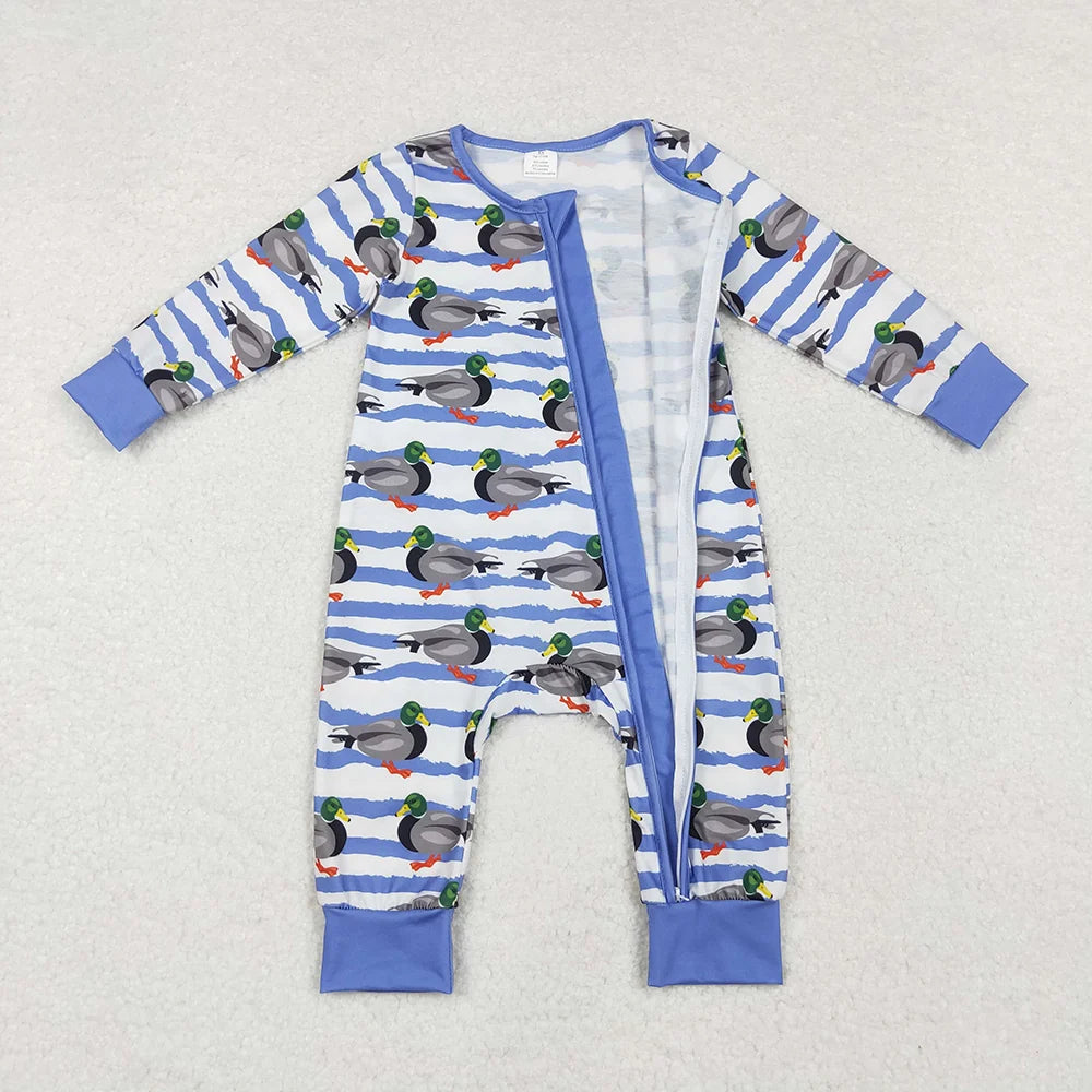 LR1645 Baby Boys Mallard Duck Long Sleeve Zipper Romper