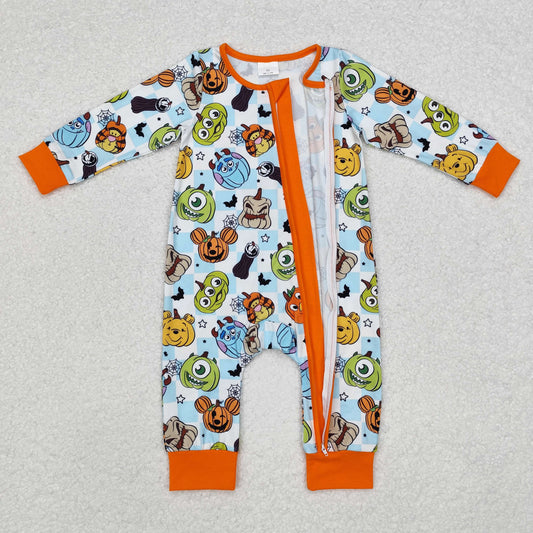 LR1650 Cartoon Monster Pumpkin Checkered Print Baby Boys Halloween Zipper Sleeper Romper