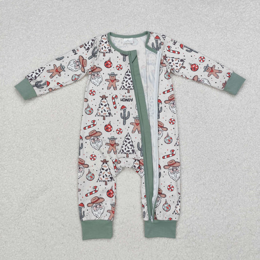LR1674 Gingerbread Santa Candy Cane Print Baby Boys Christmas Zipper Sleeper Romper