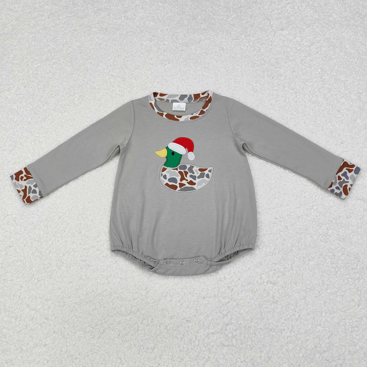 LR1683 Duck Embroidery Camo Grey Print Baby Boys Christmas Romper
