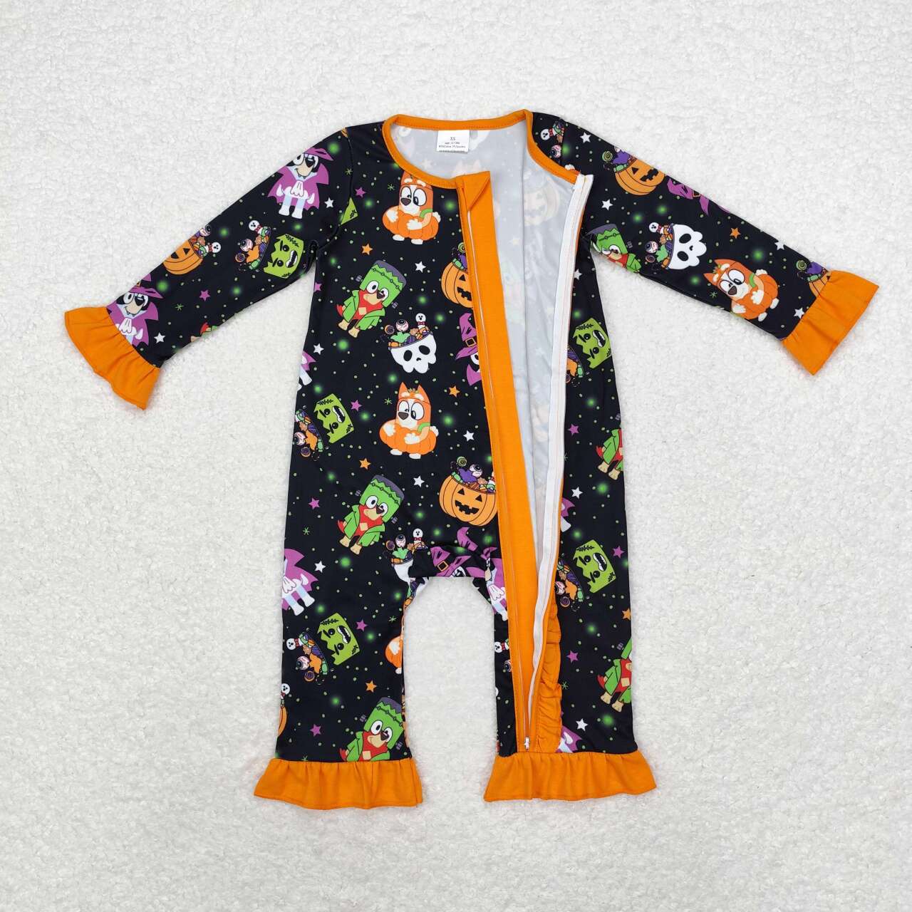 LR1694 Cartoon Dog Pumpkin Print Baby Girls Halloween Zipper Sleeper Romper