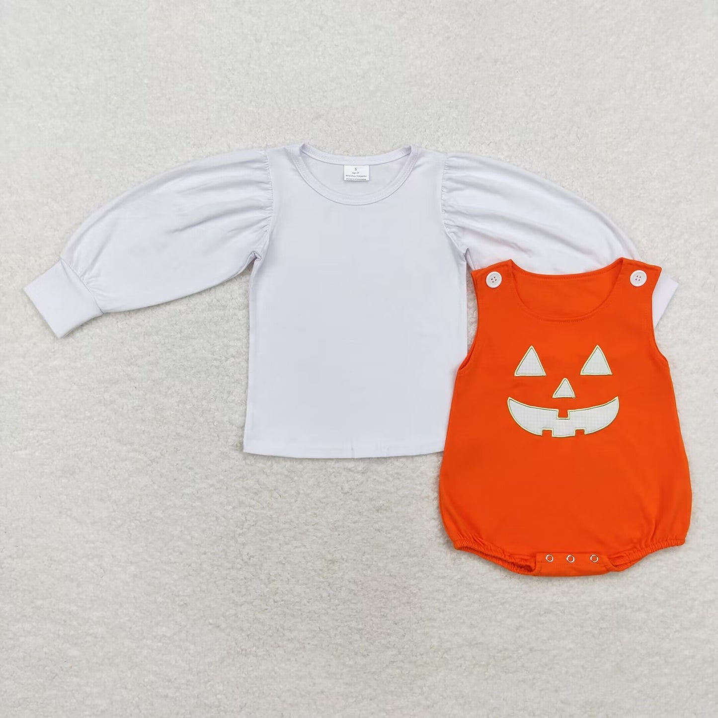 LR1702 White Top Smiling Face Embroidery Orange Romper Baby Girls Halloween Cotton Clothes Set
