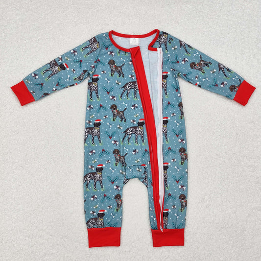 LR1768 Dog Holly Print Baby Christmas Bamboo Zipper Sleeper Romper