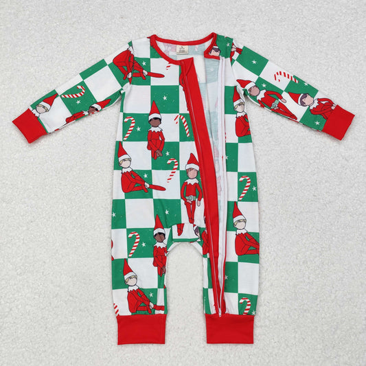 LR1817 Cartoon Shelf Checkered Print Baby Boys Christmas Bamboo Zipper Sleeper Romper