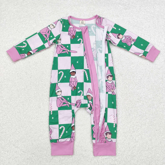 LR1818 Cartoon Shelf Checkered Print Baby Girls Christmas Bamboo Zipper Sleeper Romper