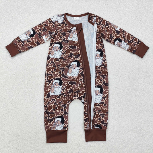 LR1820 Santa Brown Camo Print Baby Christmas Bamboo Zipper Sleeper Romper