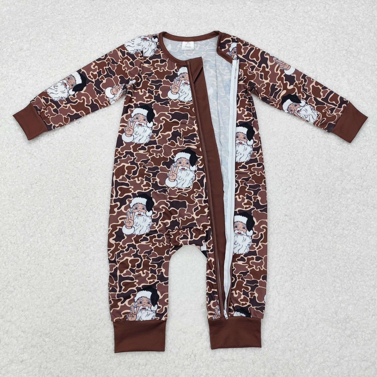LR1820 Santa Brown Camo Print Baby Christmas Bamboo Zipper Sleeper Romper
