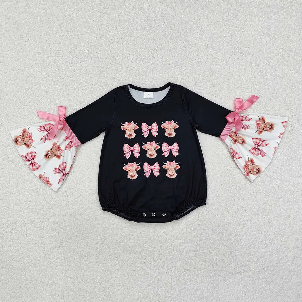 Sibling Baby Girls Highland Cow Bow Bell Bottom Pants Outfit Romper