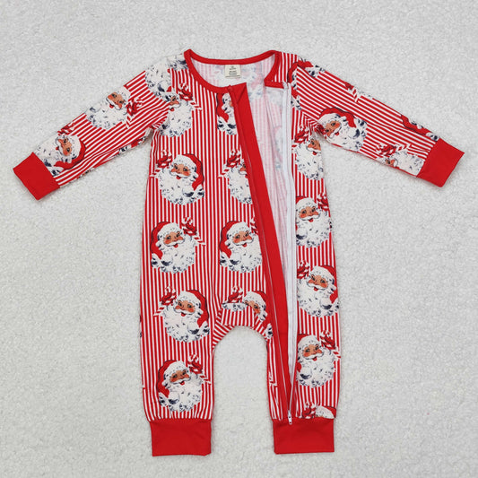 LR1891 Santa Stripes Print Baby Christmas Bamboo Zipper Sleeper Romper