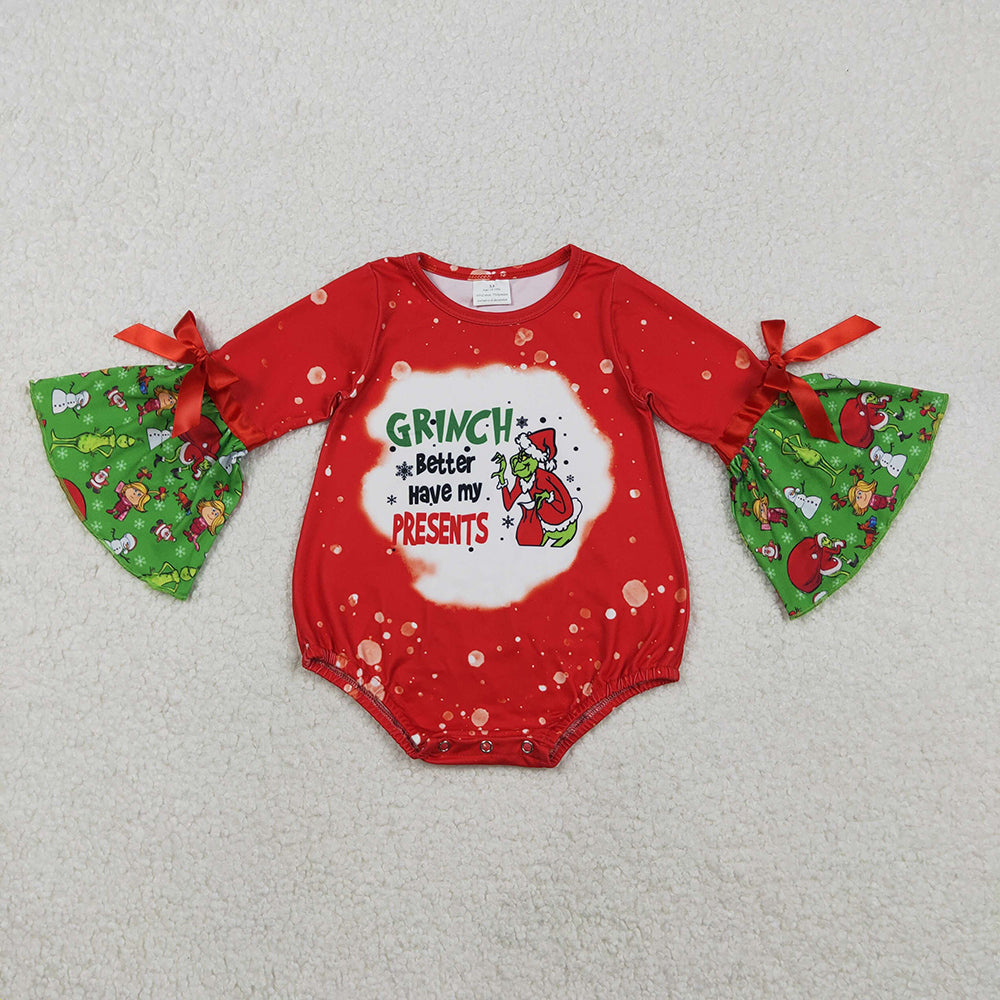 LR1893 Green Frog Red Print Baby Girls Christmas Ruffle Romper