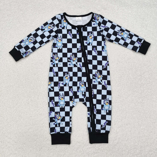 Baby Boys Cartoon Dog Checked Long Sleeve Zipper Romper