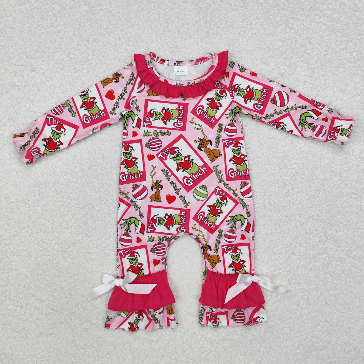 LR2006 Green Frog Pink Print Baby Girls Christmas Ruffle Romper