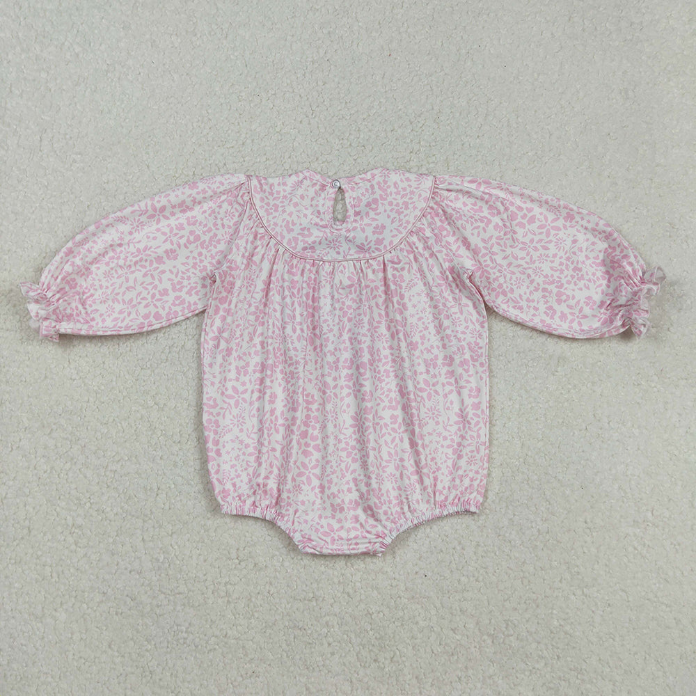 LR2184 Turkey Embroidery Pink Flowers Print Baby Girls Smocked Romper