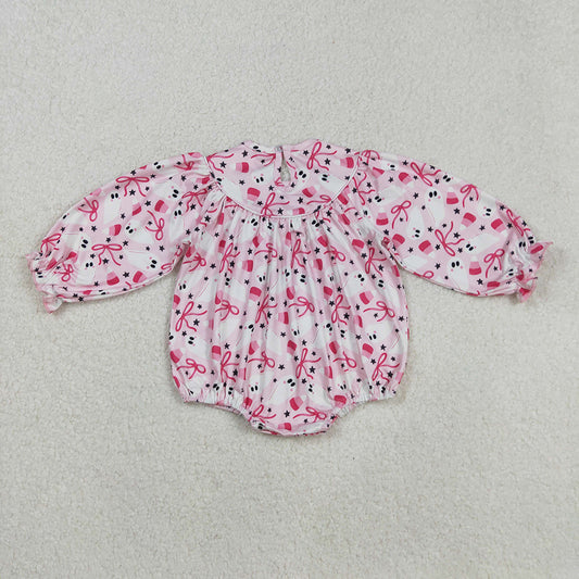 LR2216 Ghost Candy Embroidery Bows Print Baby Girls Halloween Smocked Romper