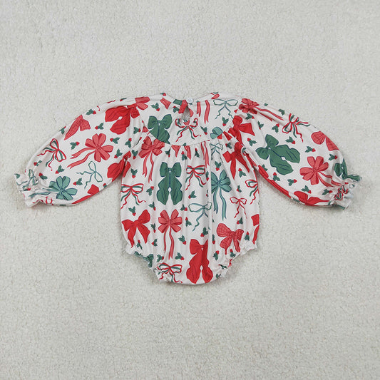 LR2217 Red Green Bows Holly Embroidery Baby Girls Christmas Bubble Romper