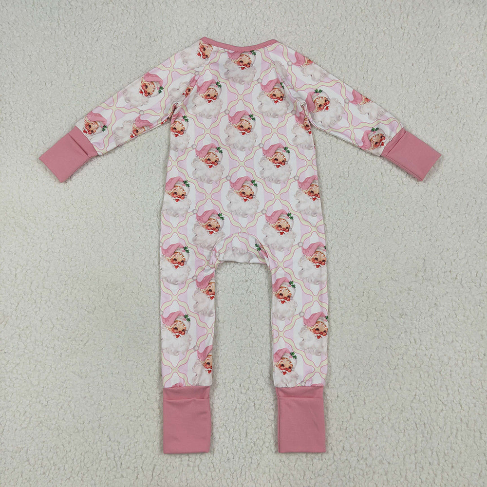 LR2224 Santa Pink Print Baby Girls Christmas Zipper Sleeper Romper