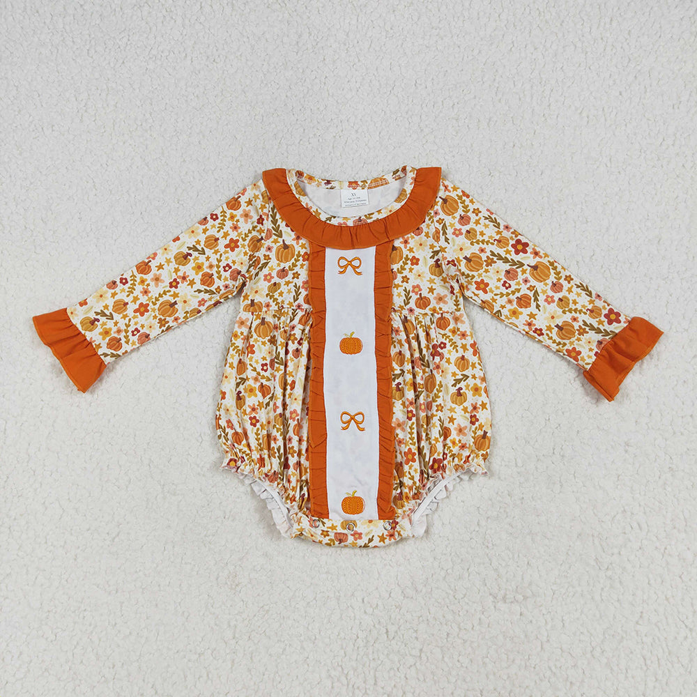 LR2228 Pumpkin Bows Embroidery Flowers Orange Baby Girls Fall Romper