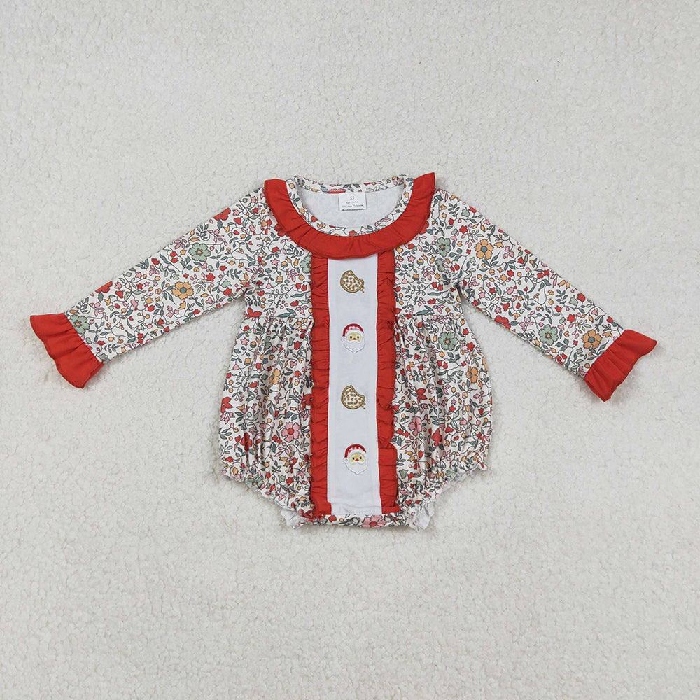 LR2232 Cookies Santa Embroidery Flowers Baby Girls Christmas Ruffle Romper