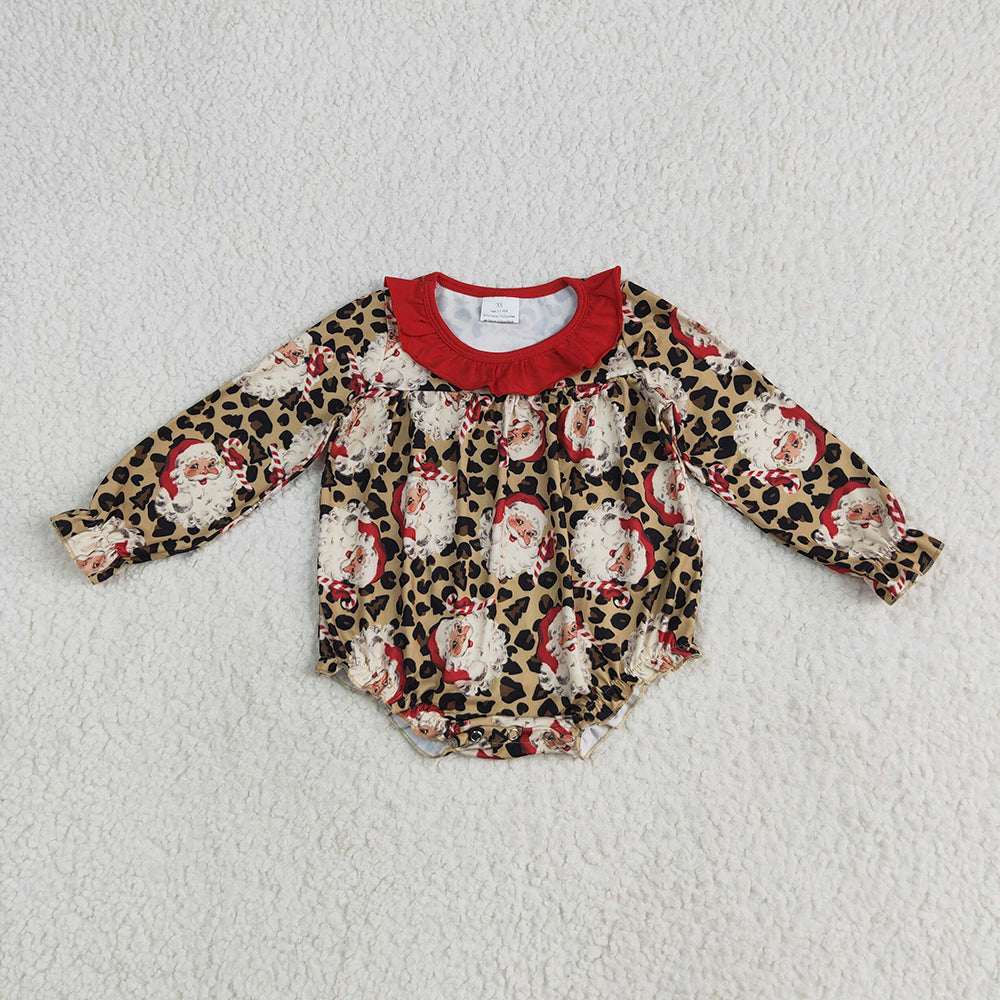 LR2237 Santa Leopard Print Baby Girls Christmas Ruffle Romper