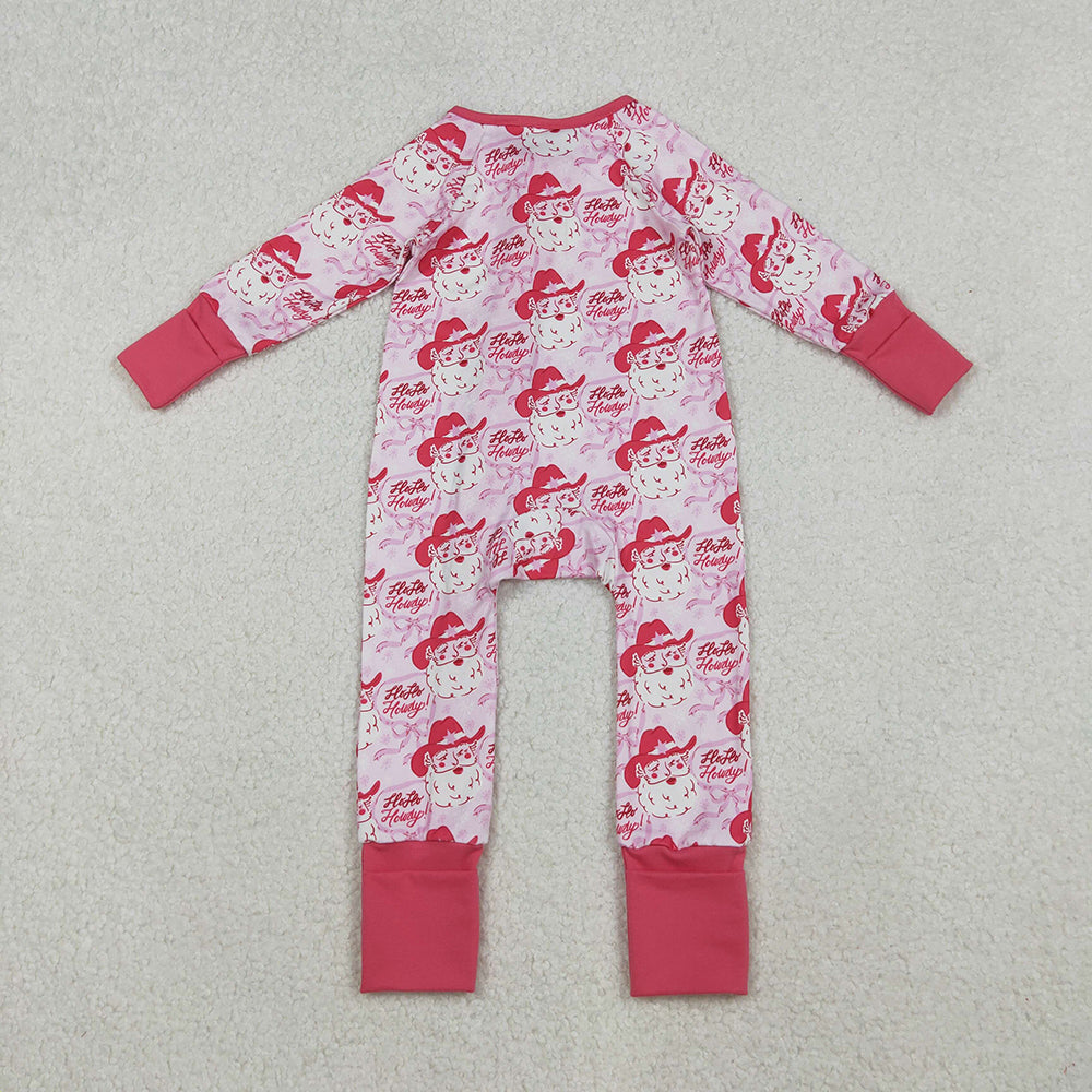 LR2243 Santa Howdy Print Baby Girls Christmas Zipper Sleeper Romper