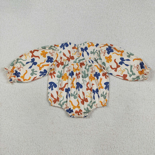 LR2257 Thankful Embroidery Bows Print Baby Girls Thanksgiving Smocked Romper