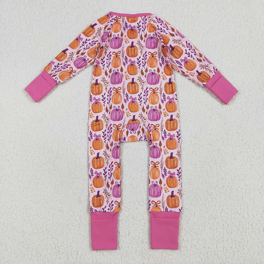 LR2270 Pumpkin Bows Print Baby Girls Fall Zipper Sleeper Romper