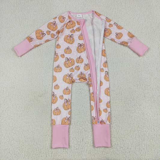 LR2271 Pumpkin Bows Pink Print Baby Girls Fall Zipper Sleeper Romper