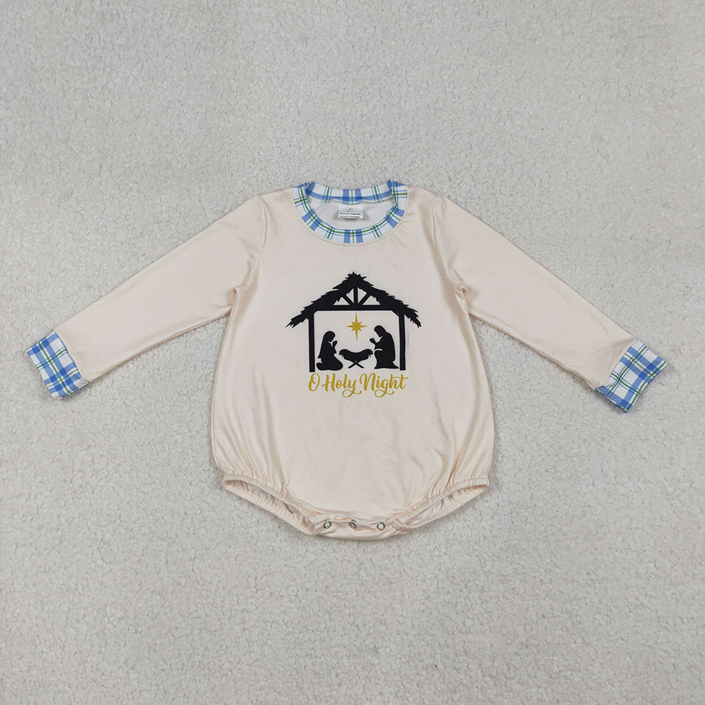 LR2292 Nativity Checkered Print Baby Boys Christmas Romper