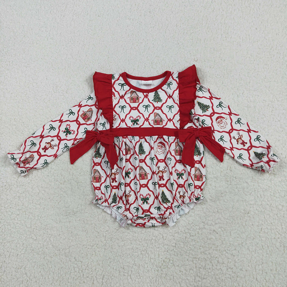 LR2352 Santa Candy Cane Bows Print Baby Girls Christmas Romper