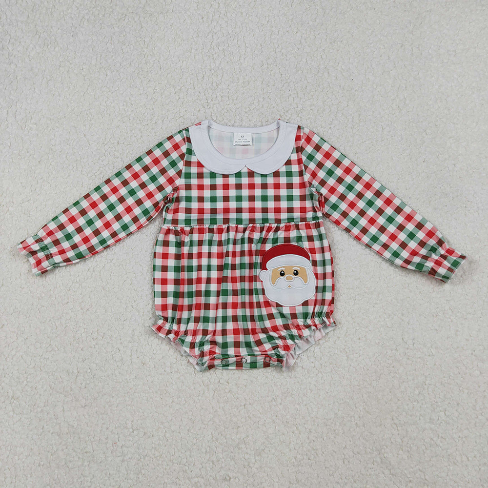 LR2357 Santa Embroidery Checkered Baby Christmas Romper