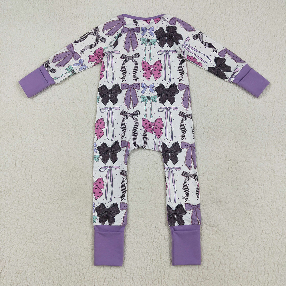 LR2358 Bows Purple Baby Girls Halloween Zipper Sleeper Romper