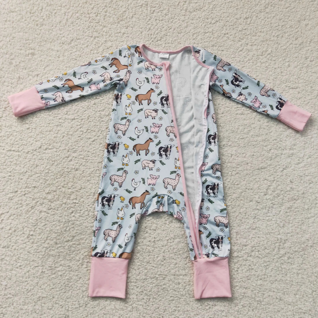 Sibling Baby Girls Long Sleeves Pigs Cows Top Pant Farm Clothes Set Zip Rompers