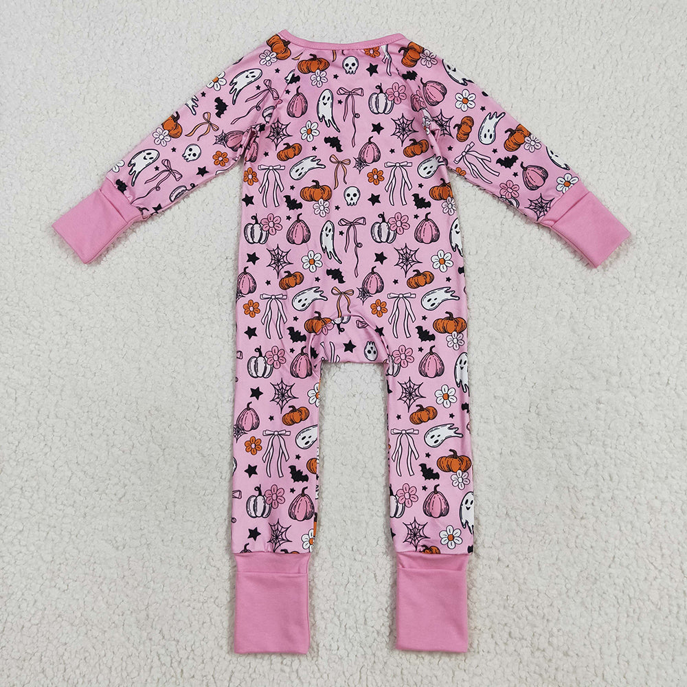 LR2405 Pumpkin Ghost Flowers Bows Pink Print Baby Girls Halloween Zipper Sleeper Romper