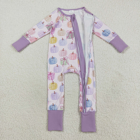 LR2442 Colorful Pumpkin Bows Print Baby Girls Fall Zipper Sleeper Romper