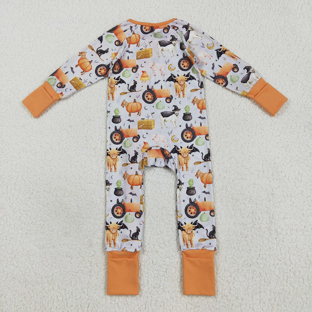 LR2444 Pumpkin Farm Animals Baby Boys Halloween Zipper Sleeper Romper